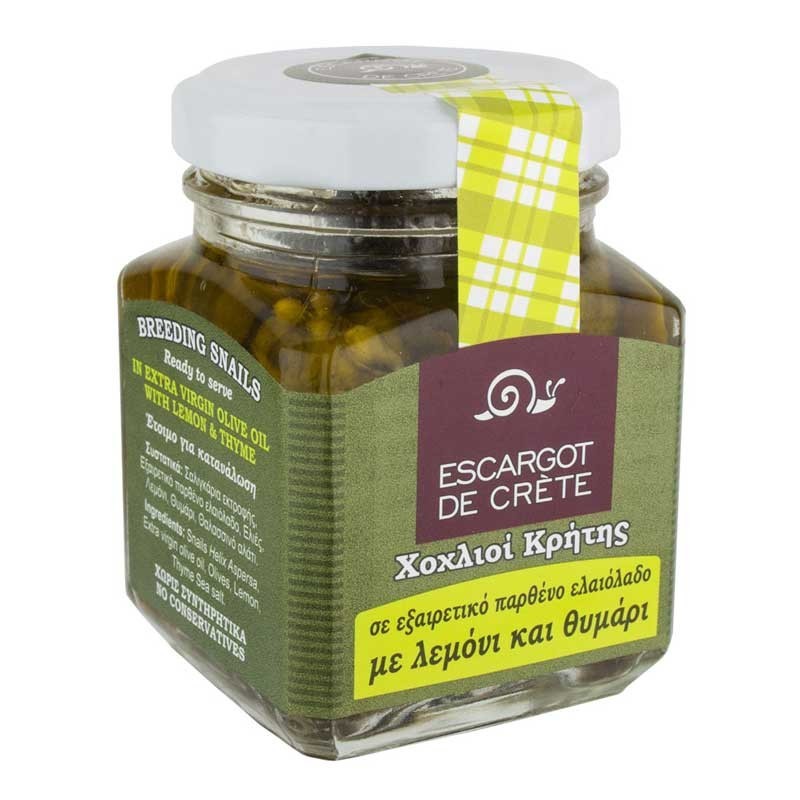 Snail fillets in Cretan olive oil with lemon and thyme (yellow label) 90 gr Snail fillets in Cretan olive oil with lemon and thyme (yellow label) 90 gr