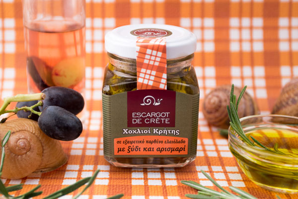 Snail fillets in Cretan olive oil, with vinegar and arismari (orange label)